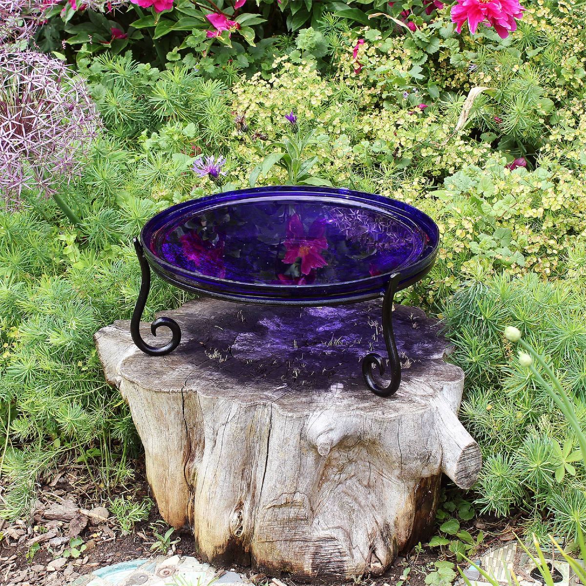 Achla Designs 6" Reflective Crackle Glass Birdbath Bowl with Stand: Handblown, No Assembly, Short Wrought Iron Base - thumbnail 3