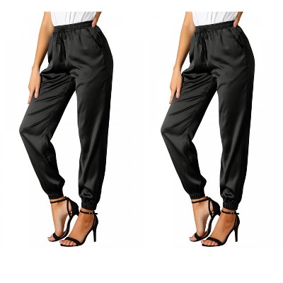 Allegra K Women's Drawstring Elastic Waist Ankle Length Satin Joggers with Pocket 2 Pcs