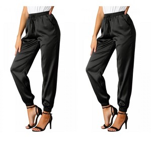 Allegra K Women's Drawstring Elastic Waist Ankle Length Satin Joggers with Pocket 2 Pcs - 1 of 4