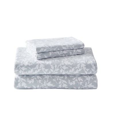 Twin Dove Gray Cotton Flannel Sheet Set with Floral Print