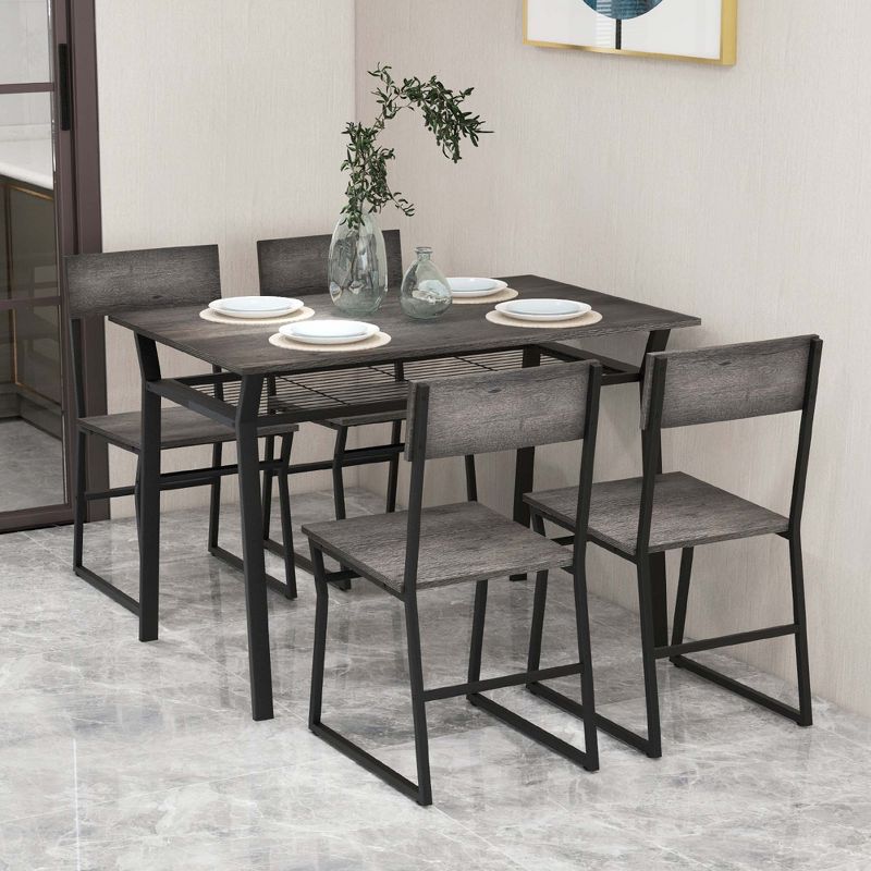 Costway 5 Piece Dining Table Set Industrial Rectangular Kitchen Table with 4 Chairs Grey/Brown, 5 of 11