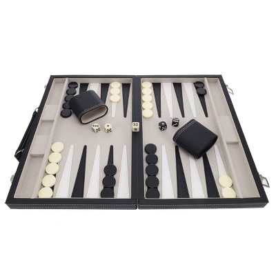 Elegant Black Leatherette Backgammon Set with White Stitching, 15 inches