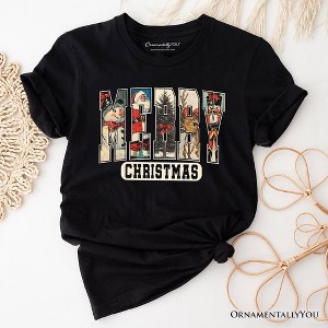 Merry Christmas Vintage T‑Shirt, Santa Tree Reindeer Snowman Nutcracker Tee Black 3XL - 1 of 4