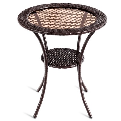 Tangkula Outdoor Round Rattan Wicker Coffee Table Steel Frame Glass Top