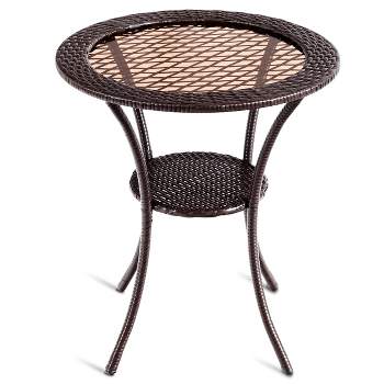 Tangkula Outdoor Round Rattan Wicker Coffee Table Steel Frame Glass Top