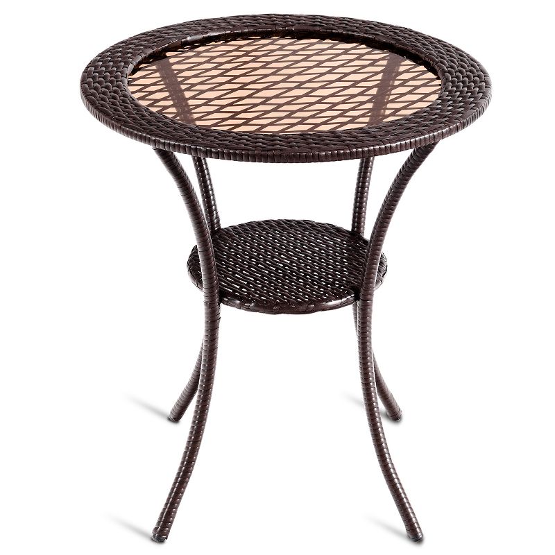 Tangkula Outdoor Round Rattan Wicker Coffee Table Steel Frame Glass Top, 1 of 11