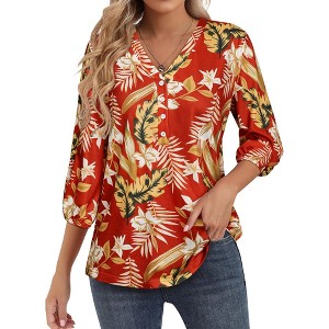 Nlife Women's Casual V Neck Floral Print 3/4 Length Sleeve Blouses Tropical Hawaiian Shirt Tops - 1 of 4