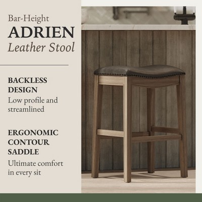 Adrien 31" Reclaimed Oak and Vegan Leather Saddle Barstools, Set of 4