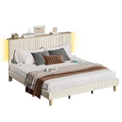 Bestier King Corduroy Upholstered Bed Frame with Adjustable Headboard