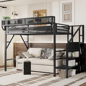 KWPZQEB Loft Bed with Storage Stairs, Heavy Duty Metal Loft Bed Frame with Built-in Storage Shelves & Wardrobe for Teens, Easy Assembly - 1 of 4
