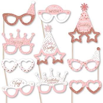 Big Dot of Happiness Pink Rose Gold Birthday Glasses - Paper Card Stock Happy Birthday Party Photo Booth Props Kit - 10 Count