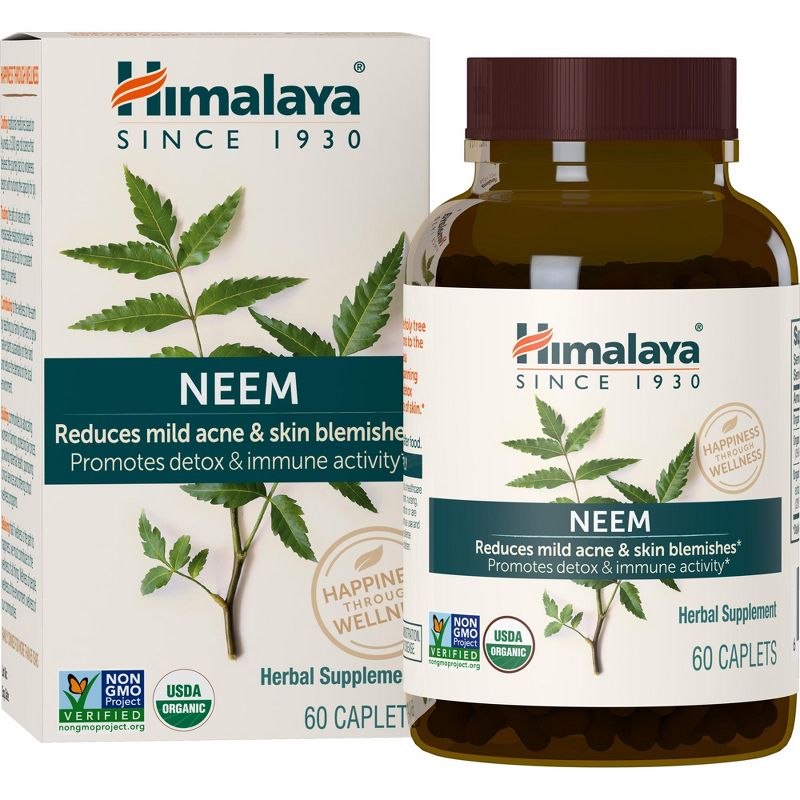 Himalaya Organic Neem, Mild Acne Relief for Clear, Smooth & Radiant Looking Skin, 600 mg, 60 Caplets, 2 Month Supply, 2 of 5