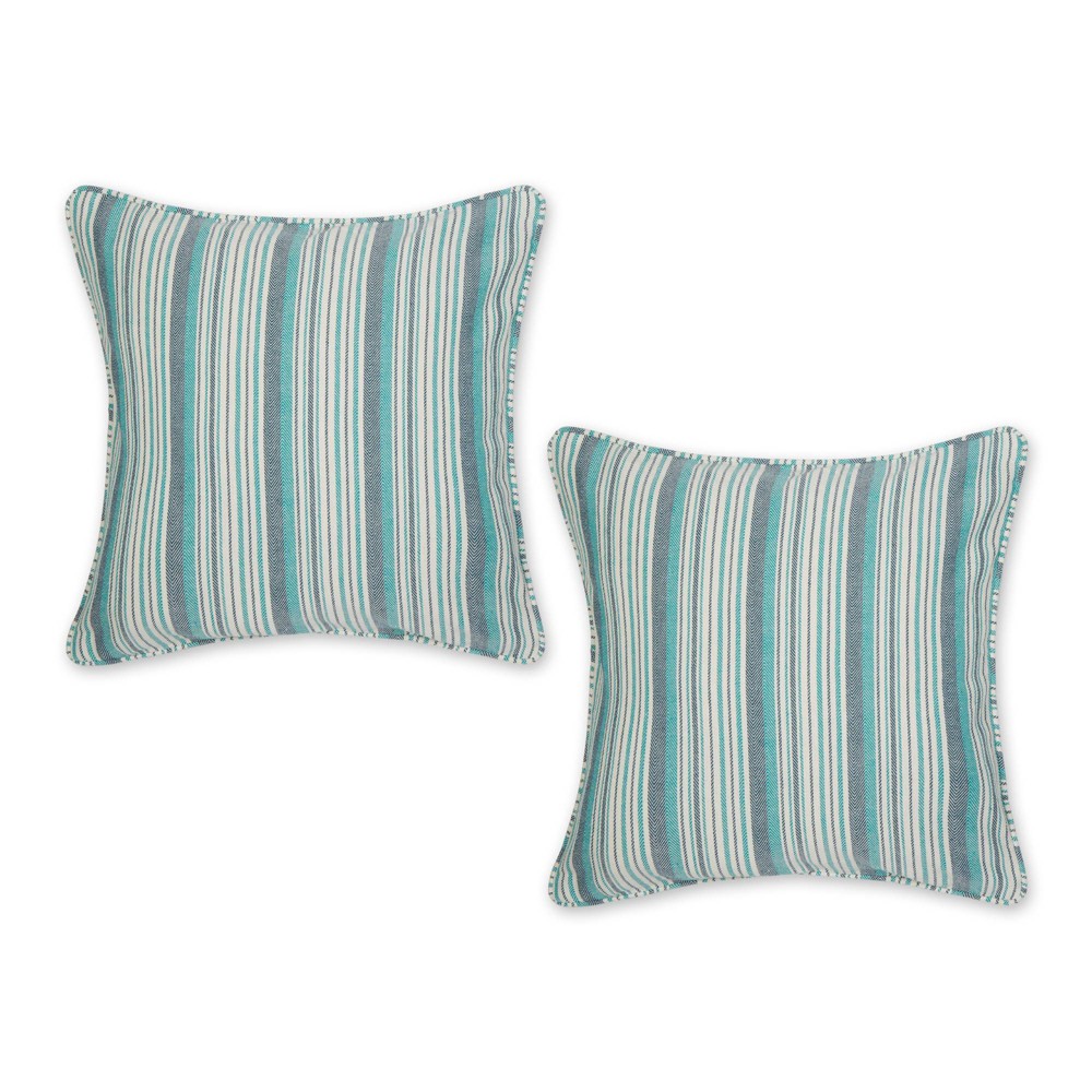 2pc 18"x18" Herringbone Striped Recycled Cotton Square Throw Pillow Cover Teal - Design Imports: Indoor Faux Linen, Hidden Zipper