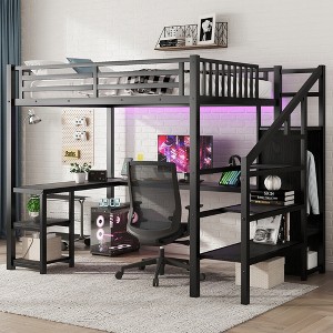Full/Queen Metal Loft Bed with Wardrobe, L-Shaped Desk, USB & LED Lights, Space-Saving Gaming Loft Bed Frame - ModernLuxe - 1 of 4