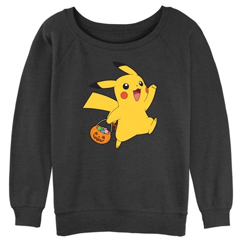 Juniors Womens Pokemon Halloween Trick or Treating Pikachu Sweatshirt Charcoal Heather Medium