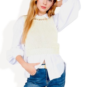 Anna-Kaci Women's Chunky Knit Sweater Vest with Chain Detail Crew Neck for Everyday Looks - 1 of 4