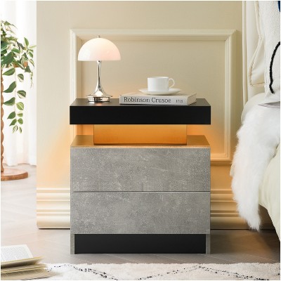 QingMoon Modern End Side with 2 Drawers, with LED Night Stand, Wood Drawers, for Bedroom
