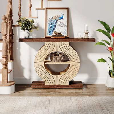 Hommoo 39.3-Inch Wood Console Table Shelves and Circle Base