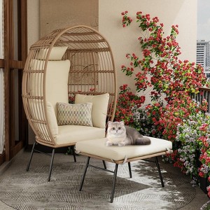 Acekool Oversized Egg Chair with Ottoman, PE Rattan Patio Lounge Chair with Cushions, Indoor Outdoor Seating for Garden & Living Room - 1 of 4