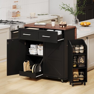 Grungis 47.2" Kitchen Island Cart with Removable Side Racks & 2 Drawers,Kitchen Island on Wheels with Towel Rack,Island Table for Kitchen