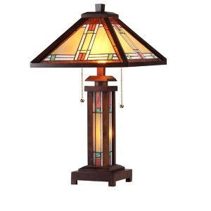 Chloe Lighting Aaron Tiffany-Style 3 Light Mission Double Lit Wooden Table Lamp 15" Shade - 1 of 4