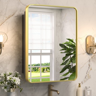 Keonjinn Metal Framed Gold Rectangular Framed Recessed/Surface Mount Medicine Cabinet with Mirror,Gold,20"x26"