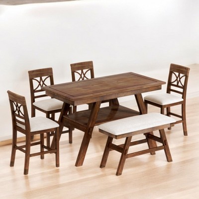 6-Piece Counter Height Dining Set with Storage Shelf, 4 Chairs and Bench, Solid Wood Farmhouse Kitchen Table Set
