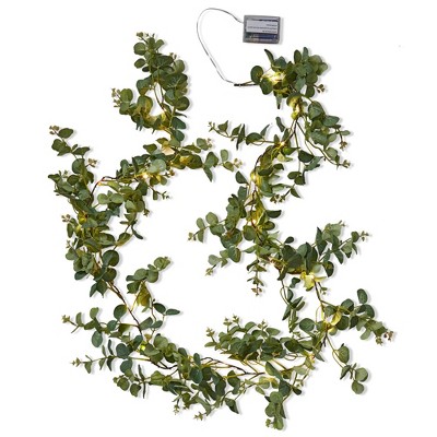 tagltd Eucalyptus Garland with LED Lights 84 in Decorative Wall Hanging Summer Green Plastic Banners and Garlands
