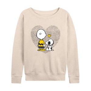 Women's - Peanuts - Charlie Snoopy Dot Heart Lightweight French Terry Wide Neck Long Sleeve Shirt - 1 of 4