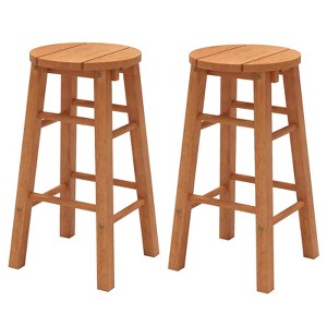 Tangkula 24-Inch Outdoor Wood Bar Stools Set of 2 w/ Round Seat Footrest for Garden - 1 of 4