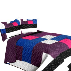 Slickblue Full-Queen Quilt Set, 100% TC Fabric, Reversible Solid Blue Quilt, Handmade Bedding, 3pc - 1 of 4