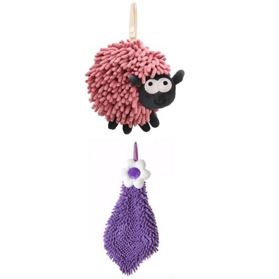 REGALWOVEN Flower and Sheep Shape Absorbent Fast Drying Chenille Hand Towels with Hanging Loop 6" x 15"/7" x 7" 2 Packs