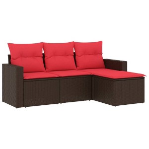 vidaXL 4 Piece Patio Sofa Set with Cushions Brown and Red Poly Rattan - Without Table - 1 of 4