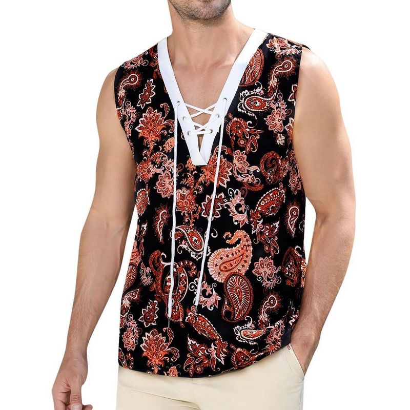 Men's Cotton Linen Tank Top Shirts Casual Sleeveless Lace Up Beach Hippie Tops Bohemian Renaissance Pirate Tunic, 1 of 7
