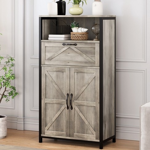 Farmhouse Storage Cabinet, Floor Cabinet with Barn Doors and Drawer, Freestanding Wood Kitchen Cabinet, for Bathroom, Living Room, Grey - image 1 of 4