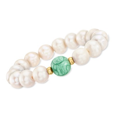 Ross-Simons 12-13mm Cultured Pearl and Carved Jade "Dragon" Bead Stretch Bracelet With 14kt Yellow Gold Size 7