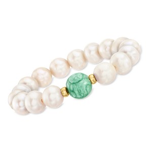 Ross-Simons 12-13mm Cultured Pearl and Carved Jade "Dragon" Bead Stretch Bracelet With 14kt Yellow Gold Size 7 - 1 of 3