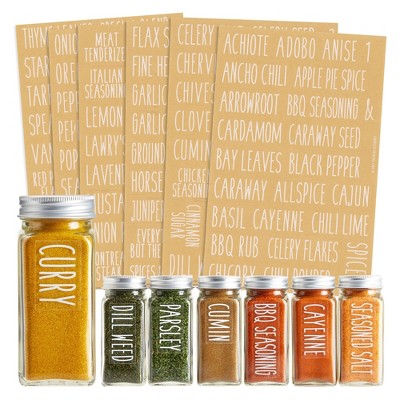 Talented Kitchen 145 Preprinted Spice Jar Labels with Seasoning Stickers, Numbers, White All Caps Letters on Clear Water Resistant Vinyl