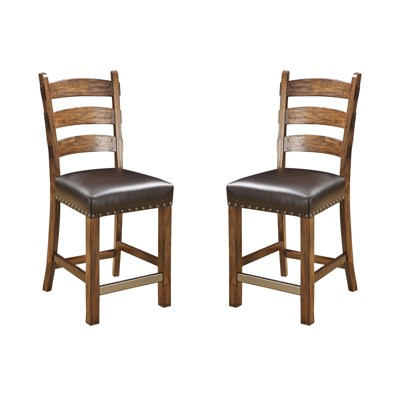 24" Bar Stool with Faux Leather Seat (Set of Two) in Brown - Wallace & Bay