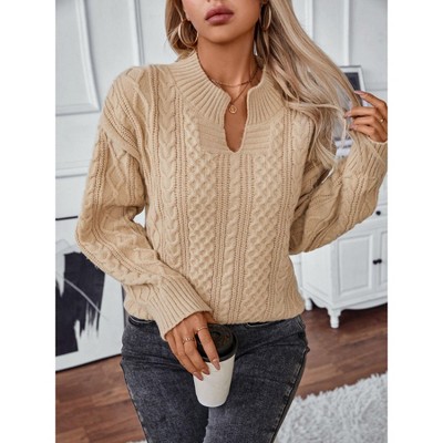 Coolmee Women Vintage V Neck Open Long Sleeve Loose Cable Knit Pullover Sweater