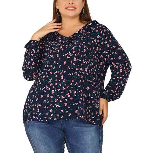 Agnes Orinda Women's Plus Size Crew Neck Floral Tie Waist Ruffle Flare  Sleeve Blouse : Target