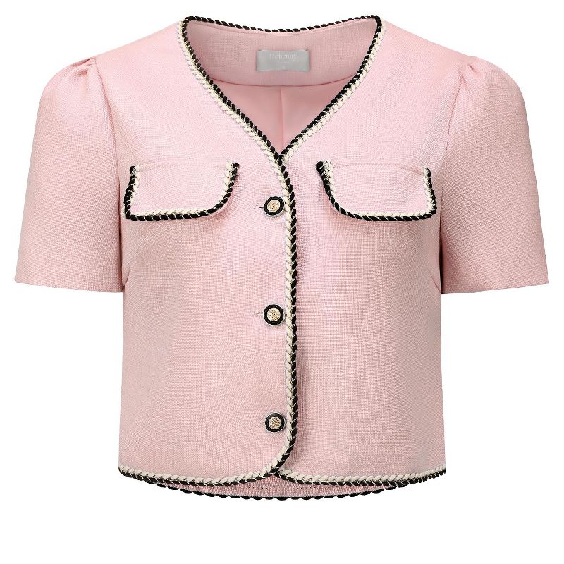 Hobemty Women's Tweed Contrast Trim Button Down Short Sleeve Work Office Blazer, 1 of 5