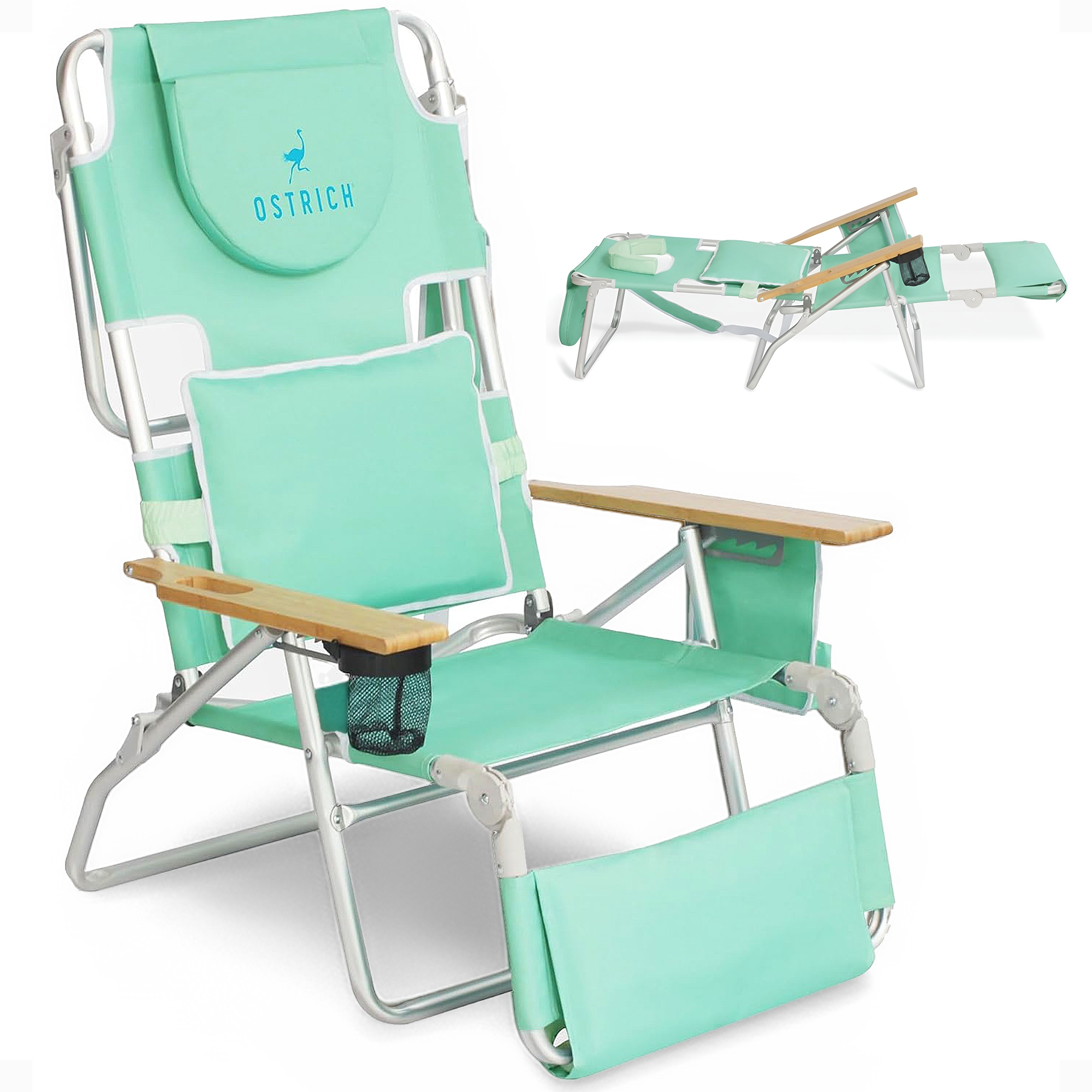 Ostrich Deluxe 3N1 Padded Beach Chair w/ Face Cushion & Arm Holes, Teal - Lightweight Folding Recliner w/ Adjustable Backrest & Footrest, Cup Holder,
