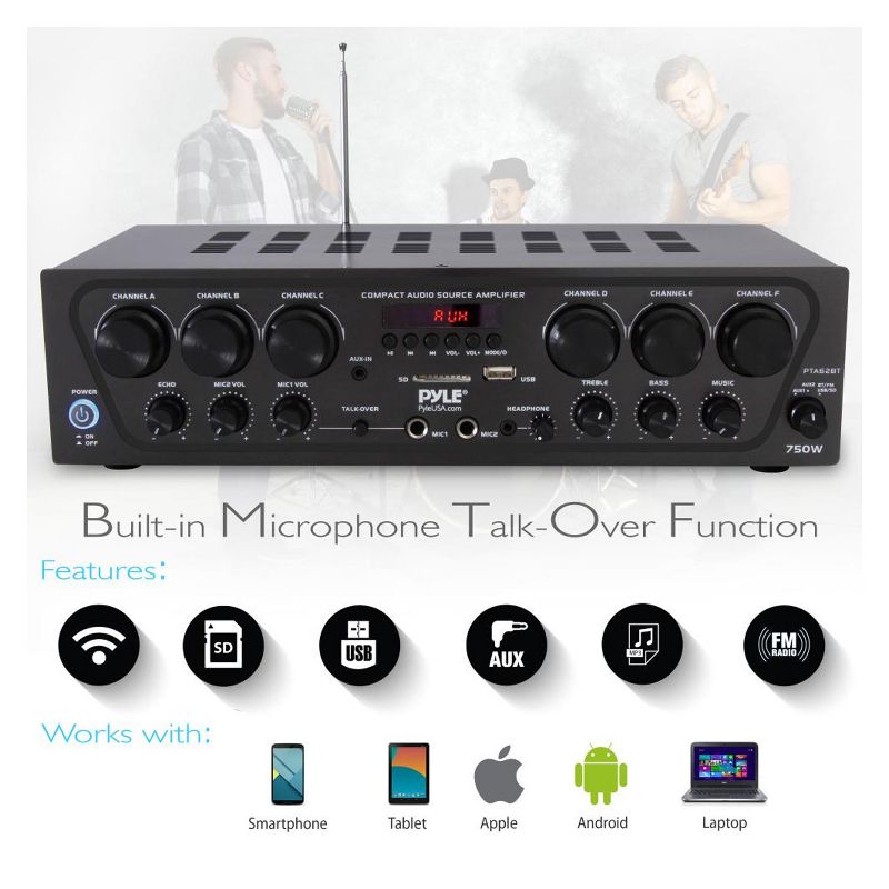 Pyle PTA62BT 750 Watt 6 Channel Compact Wireless Bluetooth Home Audio Amplifier Stereo Receiver Sound System with Microphone Inputs and Remote Control, 4 of 8