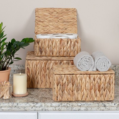 Natural Water Hyacinth Rectangular Storage Basket Set with Lids