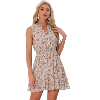 Allegra K Women's Floral V Neck Sleeveless Smocked Waist Ruffle Mini Dress