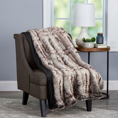Hastings Home Premium Faux Chinchilla Fur Striped Blanket With Gift Box - Umber/Chocolate