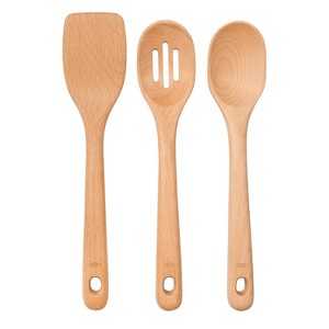 OXO 3pc Wooden Utensil Set: Turner, Spoon & Slotted Spoon for Cooking & Kitchen Use, Hand Wash, Adult, Brown - 1 of 4