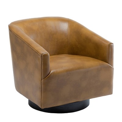 Gaven Camel Faux Leather Swivel Barrel Chair with Wood Base
