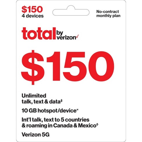 Total By Verizon $150 Unlimited Talk, Text & Data 4-Device No Contract Monthly Plan (Email Delivery) - image 1 of 3